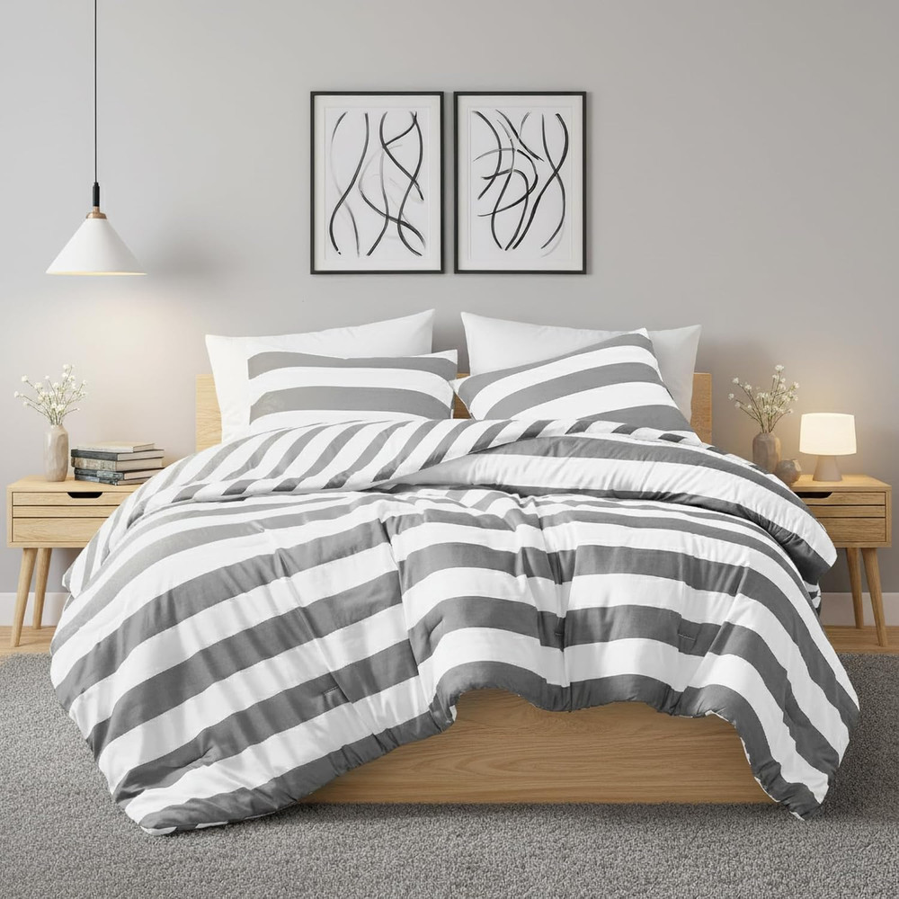 Reversible Striped Queen Comforter Set, Soft Microfiber Bedding Set with Double-