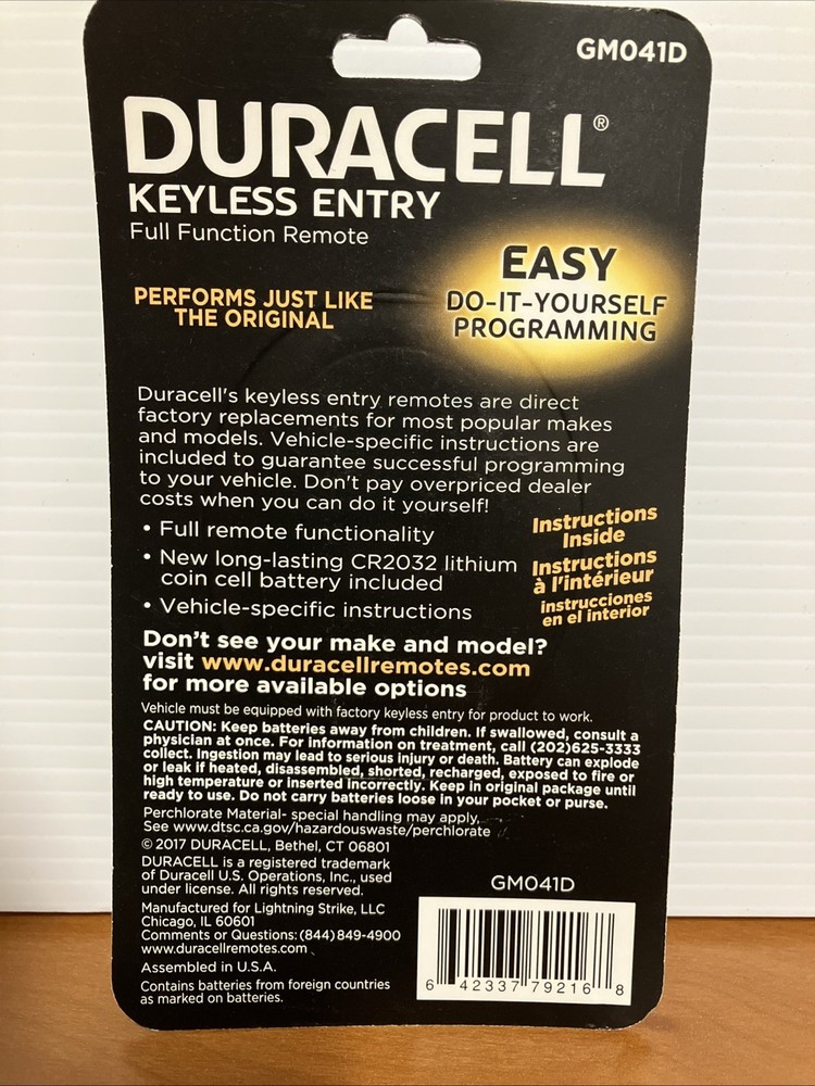 New Duracell Keyless Entry Full Function Remote for GM Vehicles GM041D NEW