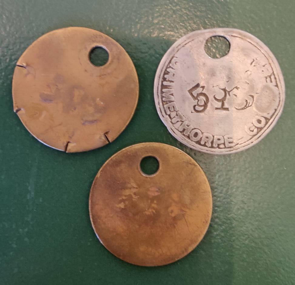 3x GRIMETHORPE Colliery Pit Check Tally - marked GRIMETHORPE COLLIERY 655