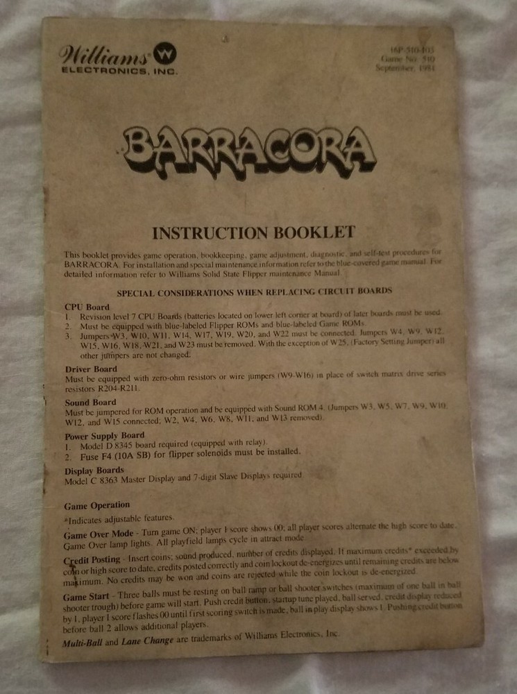Williams Barracora Pinball small Instruction Booklet Arcade