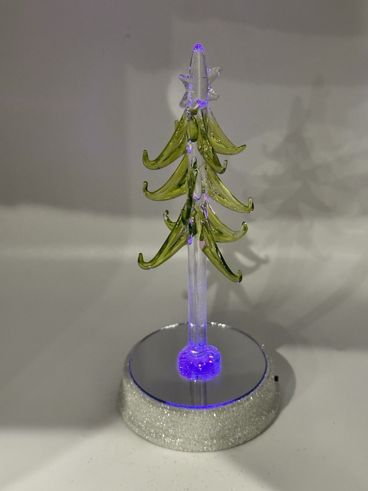 Blown Glass 7” Pine Tree With Battery Operated Multicolor Light Up Mirrored Base
