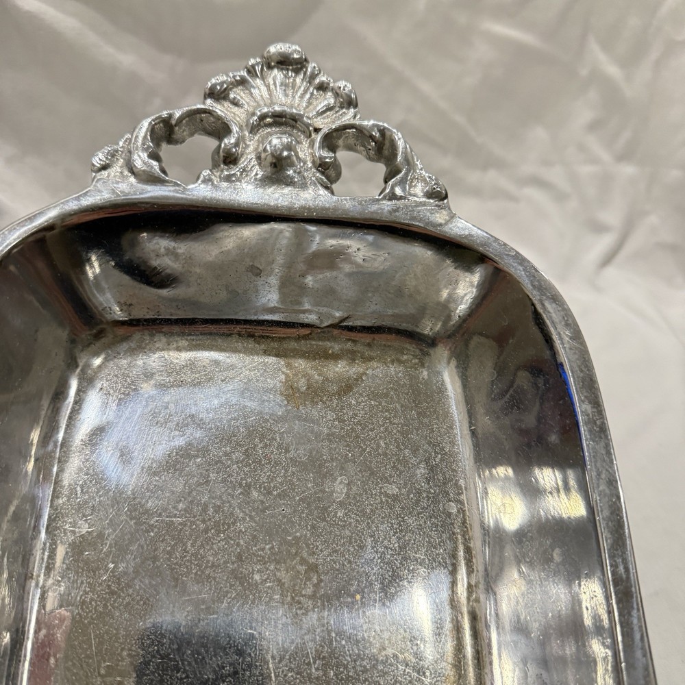 Vintage Silver Tone Serving Dish Ornate Handles Rectangular Vanity Tray 13”