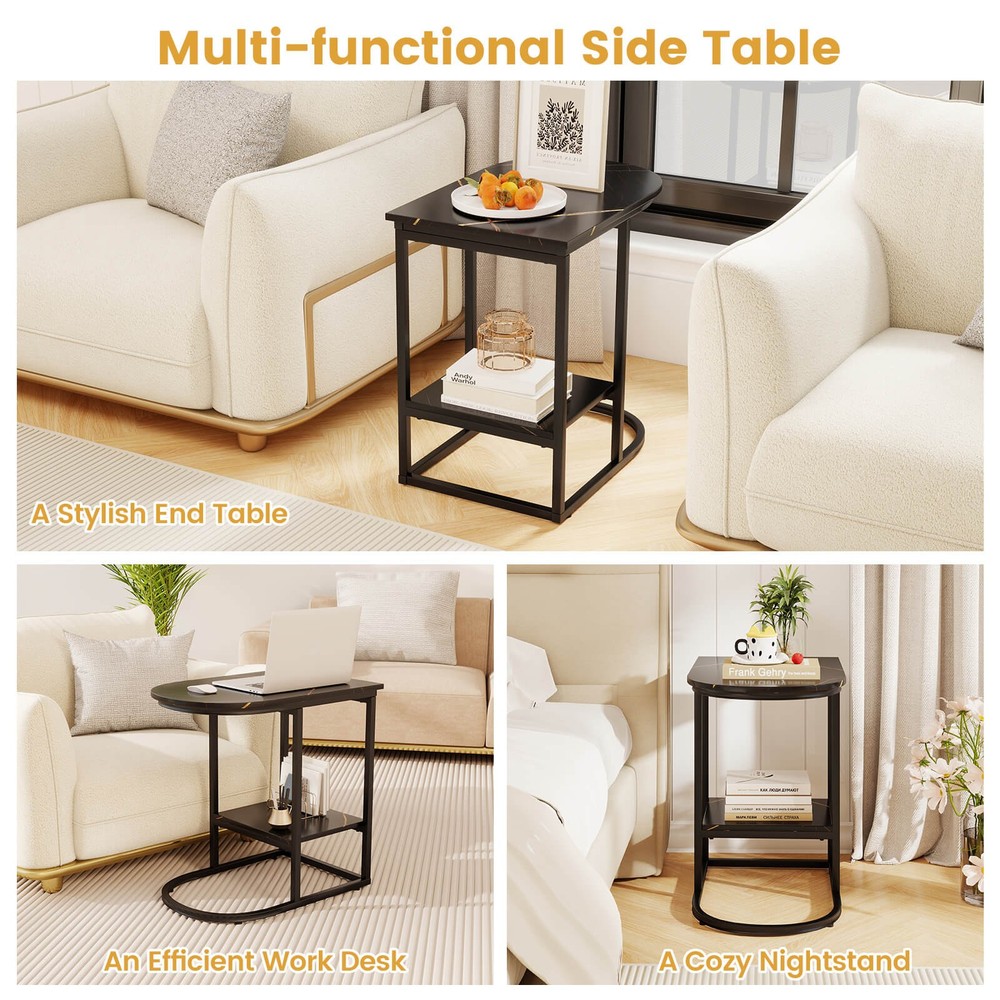 2PCS C-Shaped Side Table Compact 2-tier Storage End Table for Small Space Black