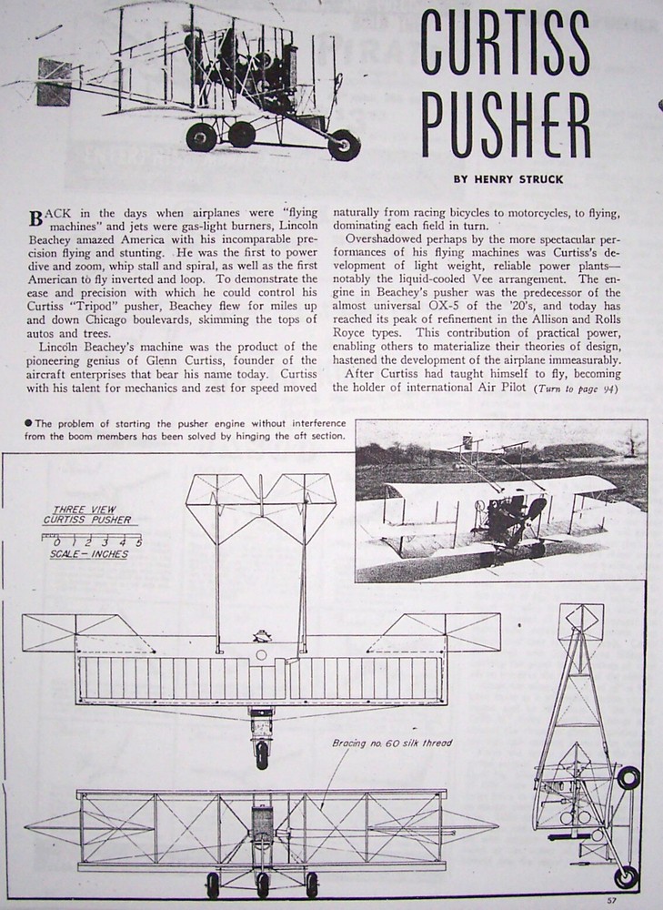 Air Trails CURTISS PUSHER PLANS + PATTERNS & ARTICLE for UC Model Airplane