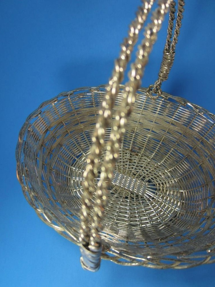 *Basket Silvertone Woven Metal, Quality, Heavy, Swing Handle Easter, Display 7"L