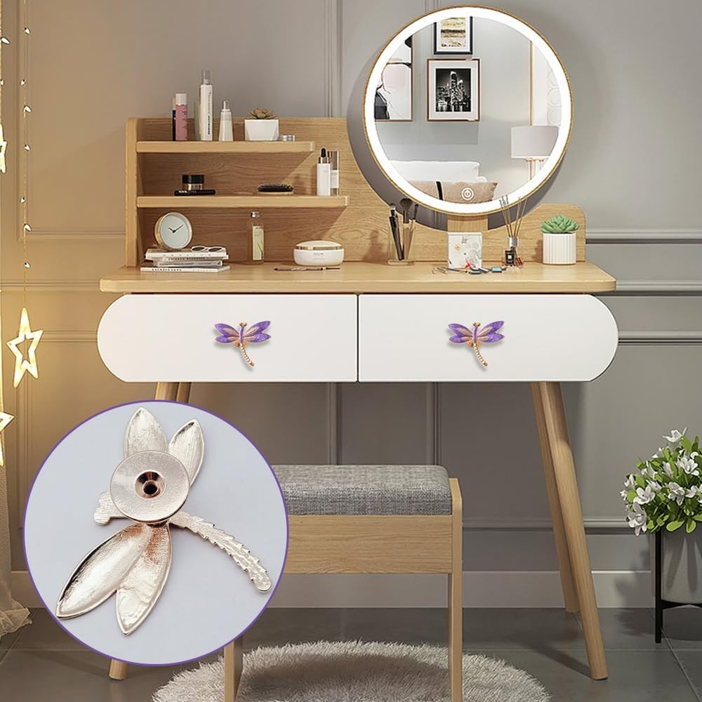Lovely Dragonfly Cabinet Knobs Purple 4Pcs Animal Pull Single Hole Handle for...