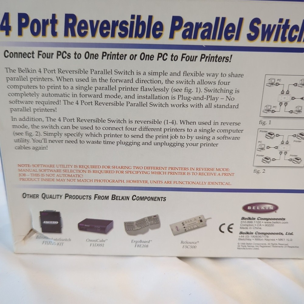Belkin 4-Port USB PARALLEL Switch Connect 4 PC's to 1 PC or Printer