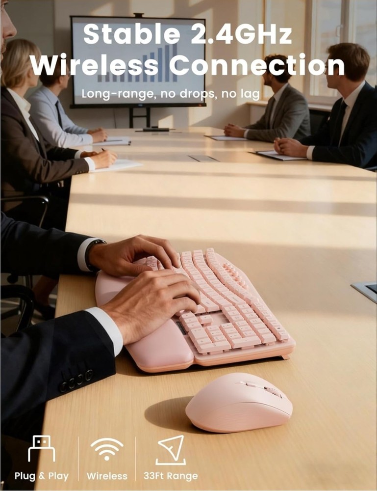 Pink Wireless Keyboard and Mouse Combo, 30dB Quiet Ergonomic Wave Keyboard Set w