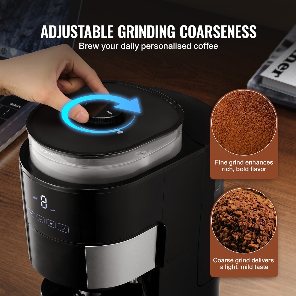 8 Cup Drip Coffee Machine Grind & Brew Coffee Maker w/ 3 Brew Strength Control