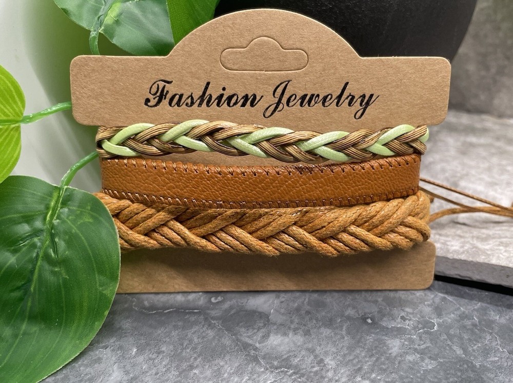 3 PC PU Leather Bracelet Set Stackable Adjustable Tie New Free Ship B3410