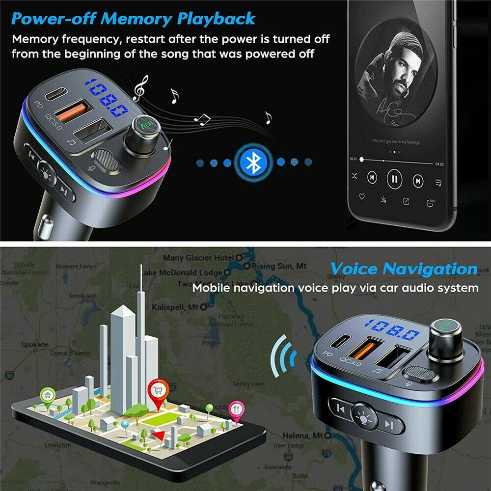 Bluetooth 5.0 FM Transmitter for Car, QC3.0 Type-C PD 18W Wireless FM Radio Kit