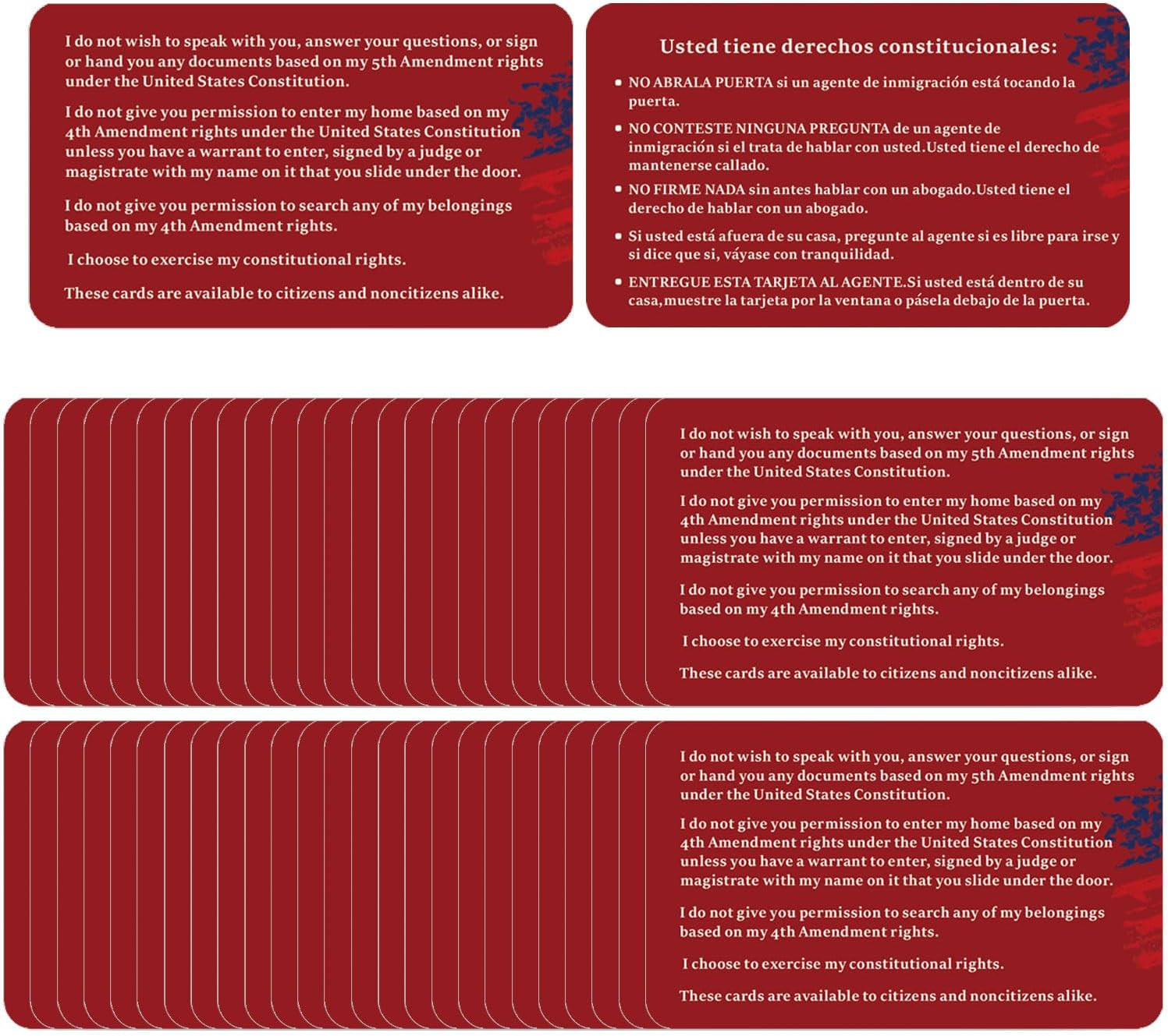 50 Pack Immigration Rights Red Cards - Bilingual Constitutional Rights Reminder