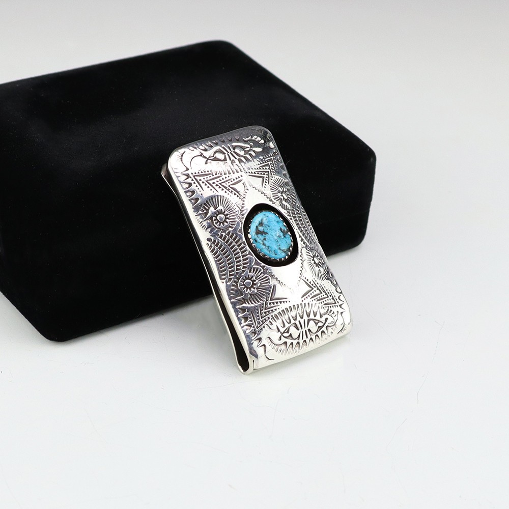 NATIVE AMERICAN NAVAJO STERLING SILVER & TURQUOISE MONEY CLIP BY SHIRLEY SKEETS