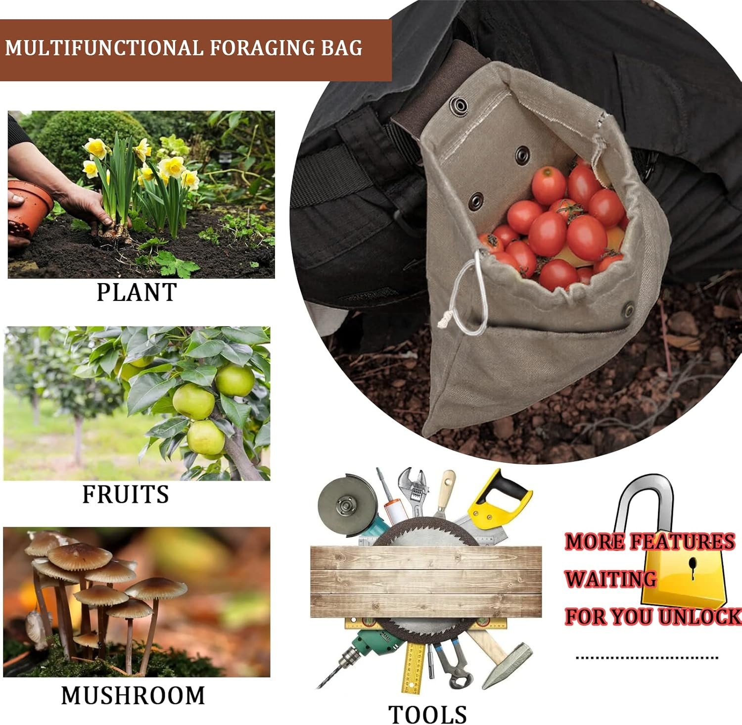 Foraging Pouch Leather Canvas Collapsible Bag Water Resistant 8.66", Green