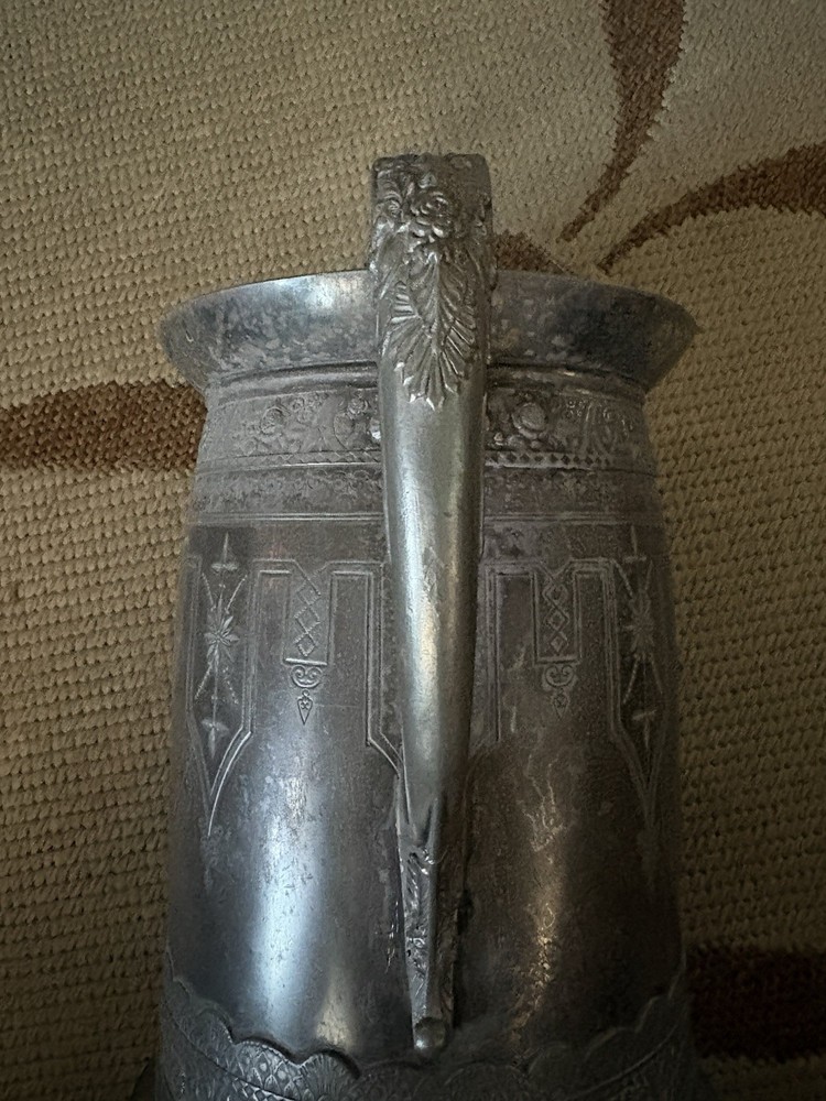 Victorian Silverplate Pitcher Ornate Floral Ceramic Lined Hinged Lid