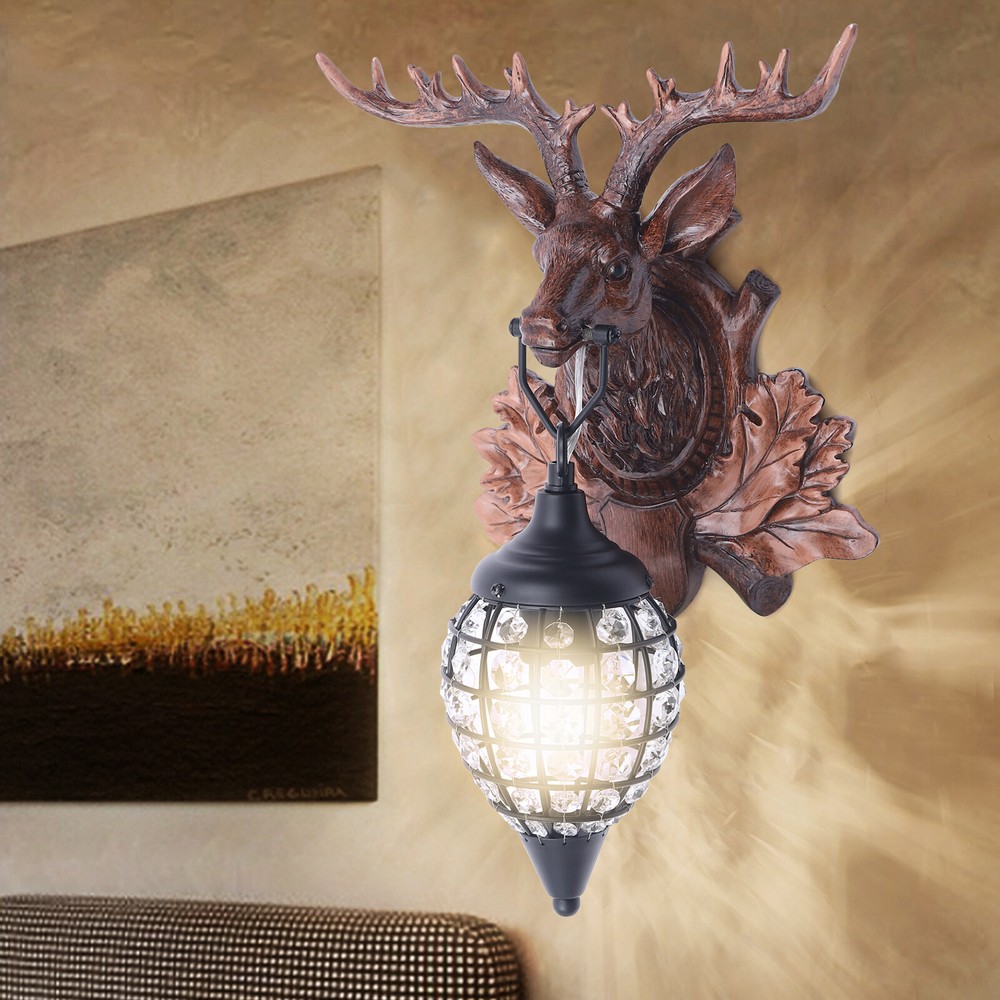 Antler Wall Sconce Lighting Rustic Deer Wall Light Decor with Antler and Crystal