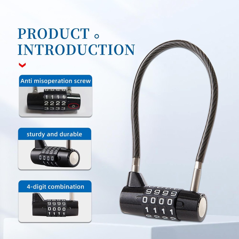 Short Cable Combination Lock, 4 Dial, for Toolbox, Case, Locker, Black
