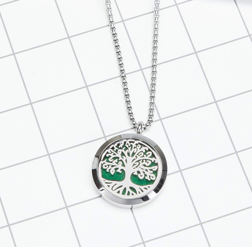 Aromatherapy Essential Oil Diffuser Necklace Tree of Life Pattern, 24" Silver