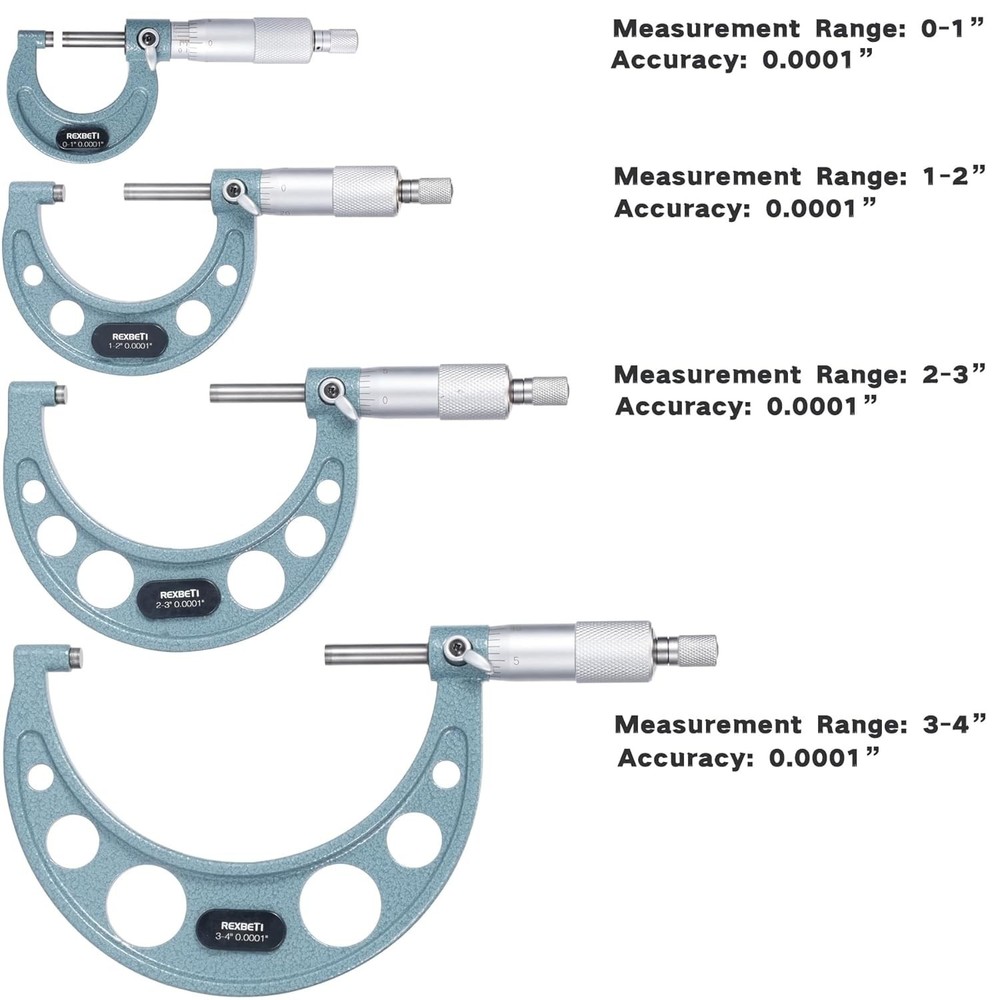 Professional 4 Pcs Measuring Micrometer Set, 0-4" with Protective Storage Case