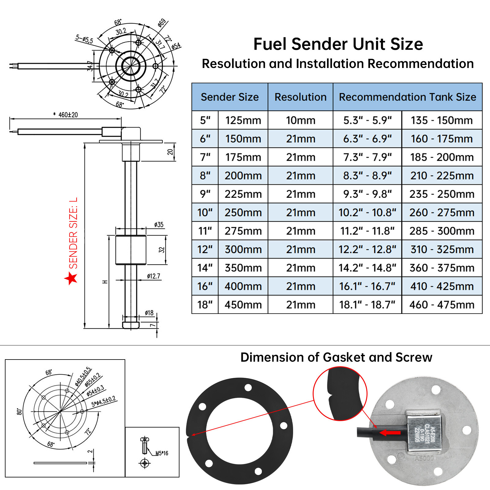 125mm-350mm Marine Boat Fuel Sending Unit Tank Level Sender Sensor 240-33ohms US