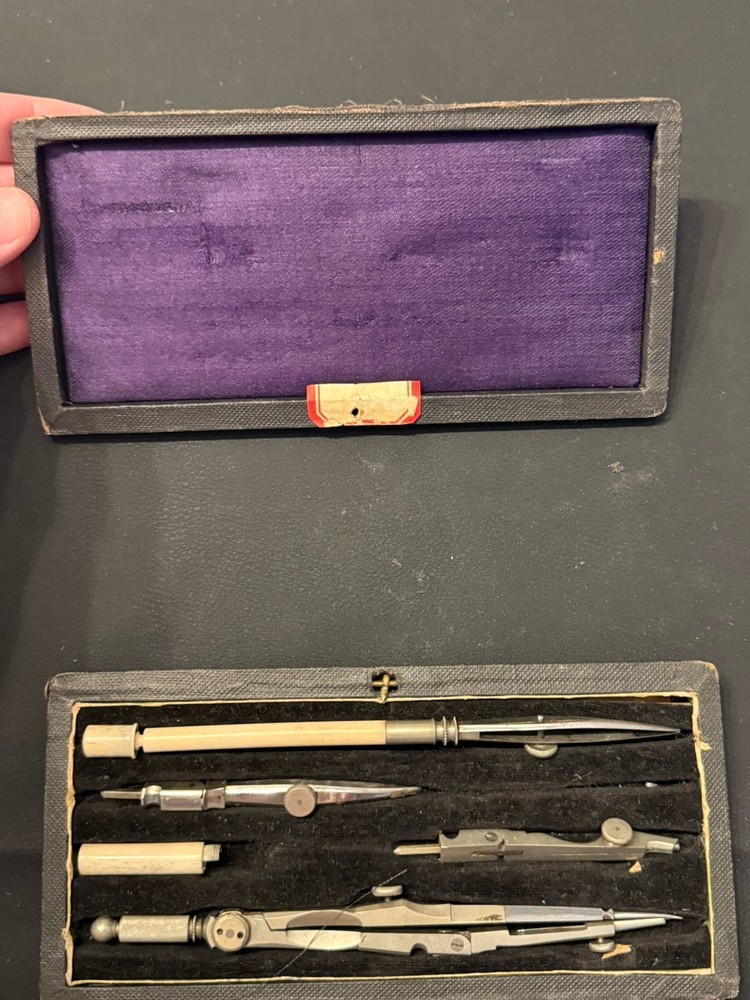 Antique Drafting Compass Set w/ Case Bone Handle Instruments c.1900