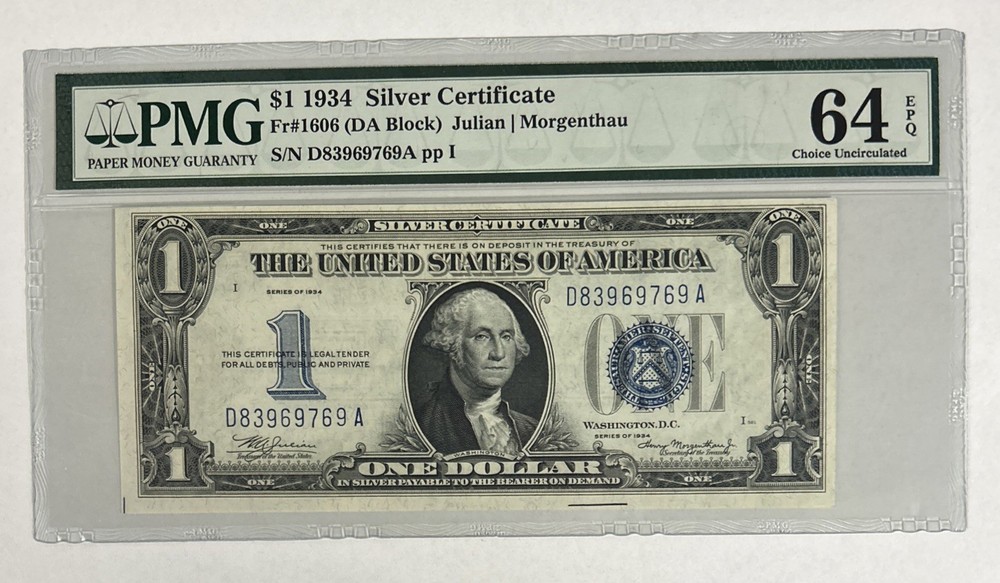 1934 $1 One Dollar Silver Certificate Funnyback Note (PMG 64 EPQ)