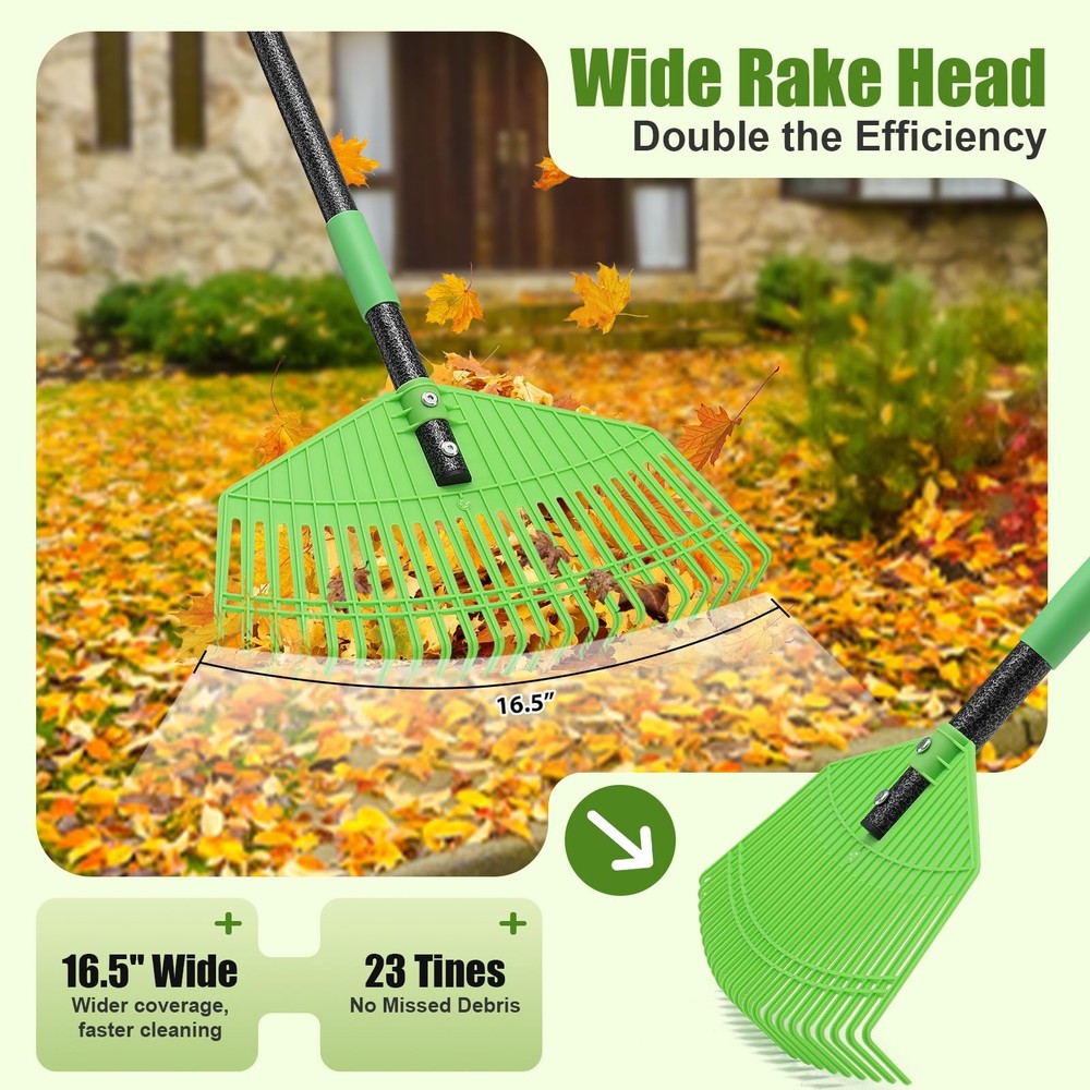 Plastic Leaf Rake with Adjustable 65'' Handle - Lightweight Outdoor green
