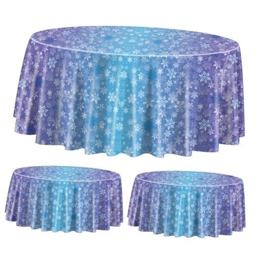 3 Pack Snowflake Tablecloths for Round Table, 84x84'' Blue Purple Plastic