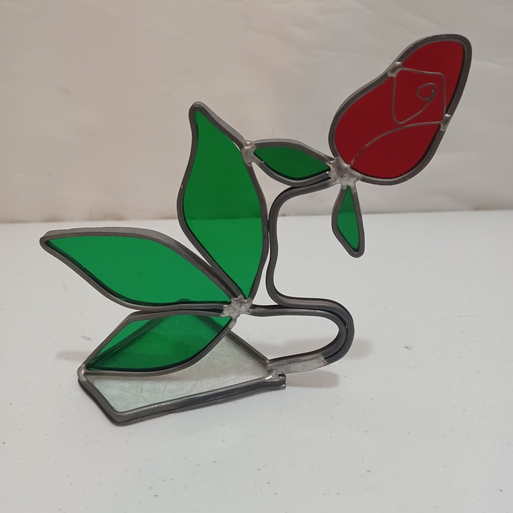 stained glass rosebud on stand 6"
