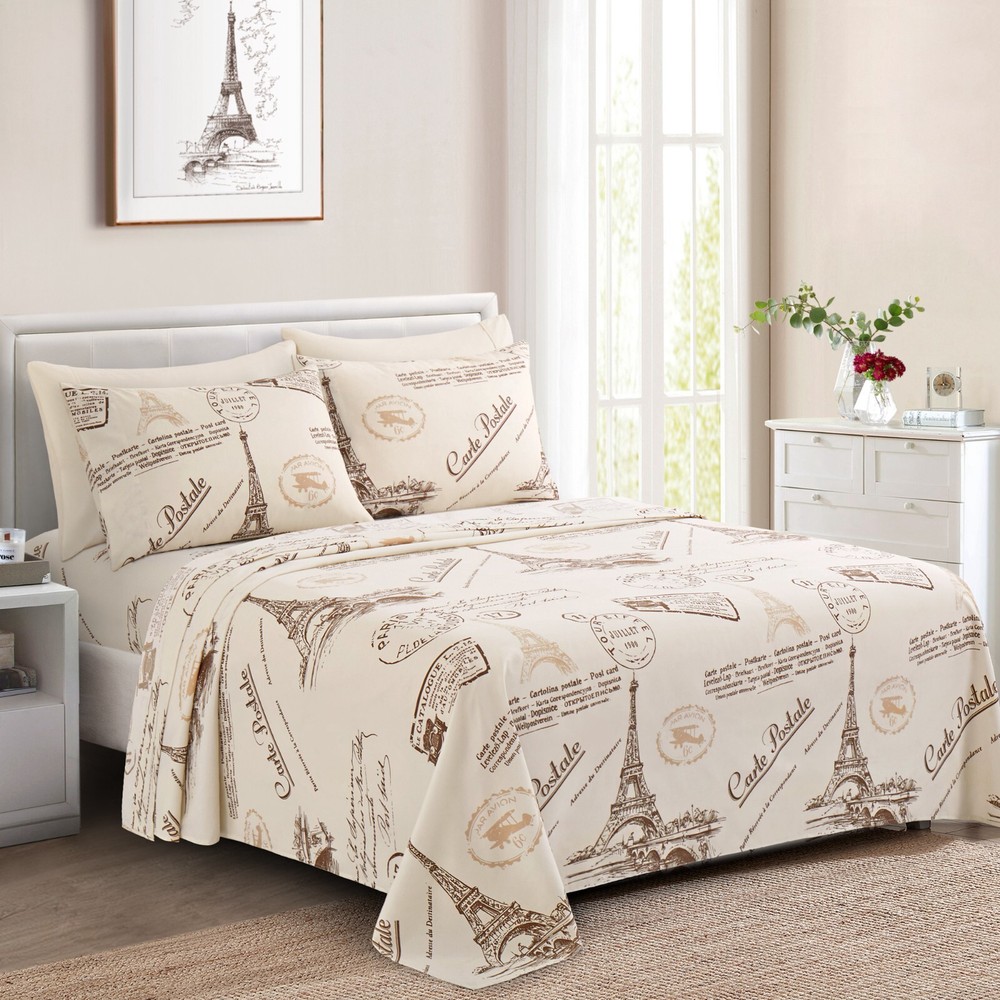 Rayon from Bamboo Deep Pocket 6 Piece Printed Sheet Set Eiffel Tower Ivory Queen