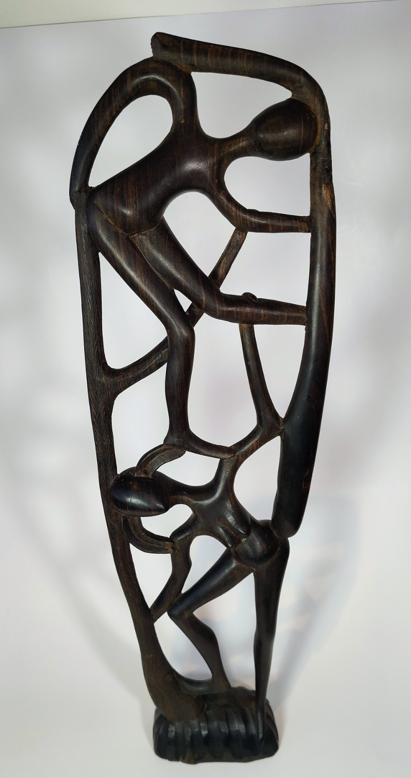 Hand Carved Ebony Wood Makonde "Tree of Life" Sculpture Intertwined Figures 17"