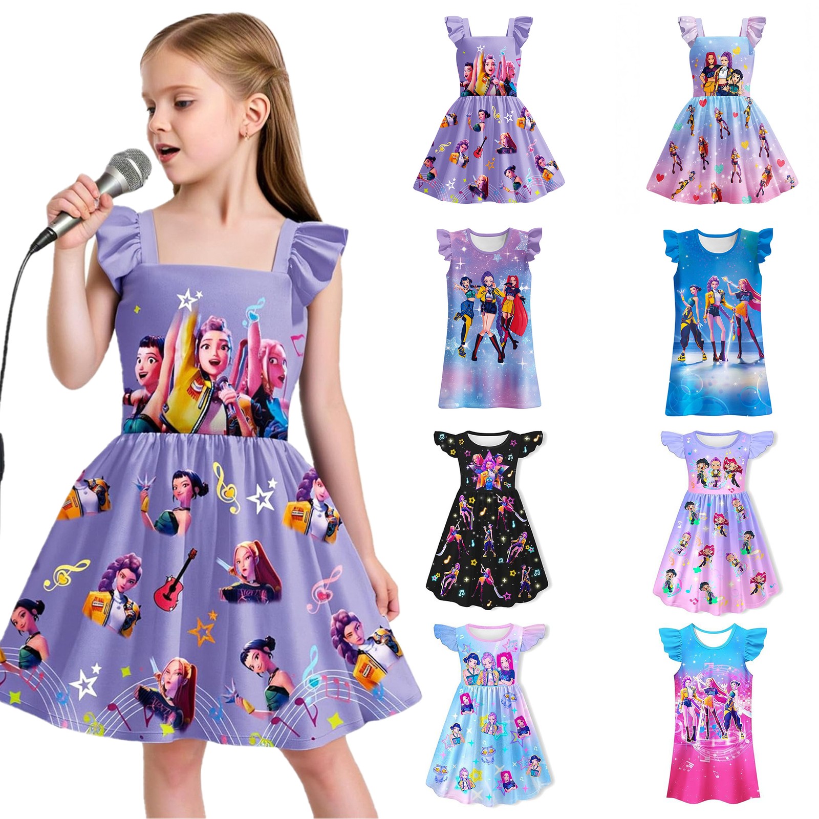 Girls Demon Hunters Costume Flutter Sleeve Dress K-Pop Singer Cosplay Dress up