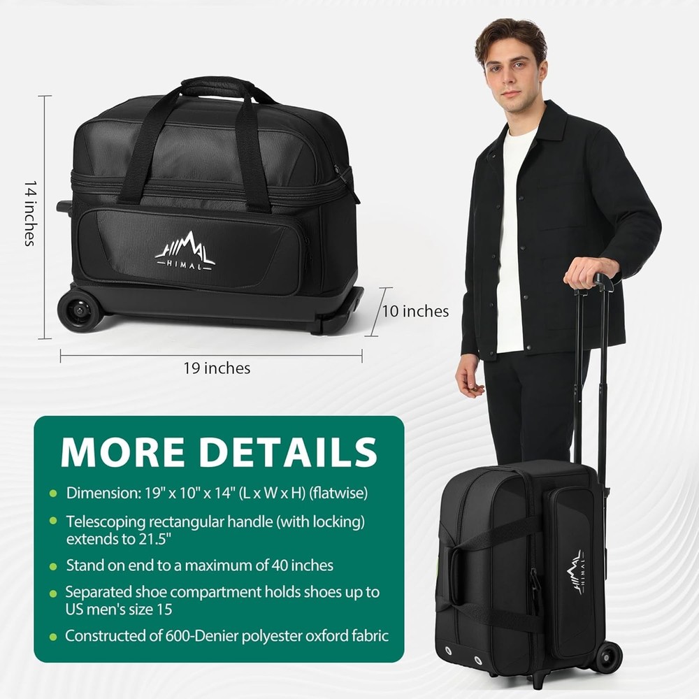 Double Roller 2 Ball Bowling Bag with Separate Shoe Compartment for Bowling Shoe
