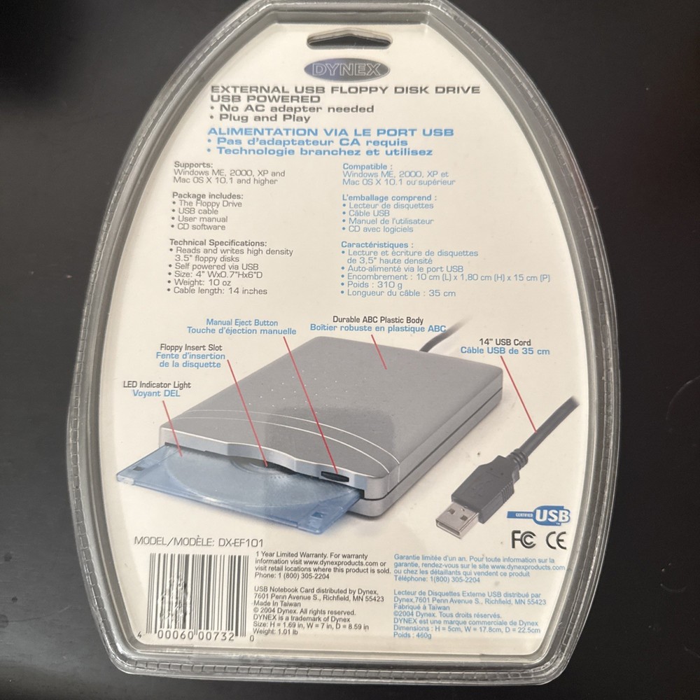 USB Floppy Disk Drive External Dynex DX-EF101 3.5"