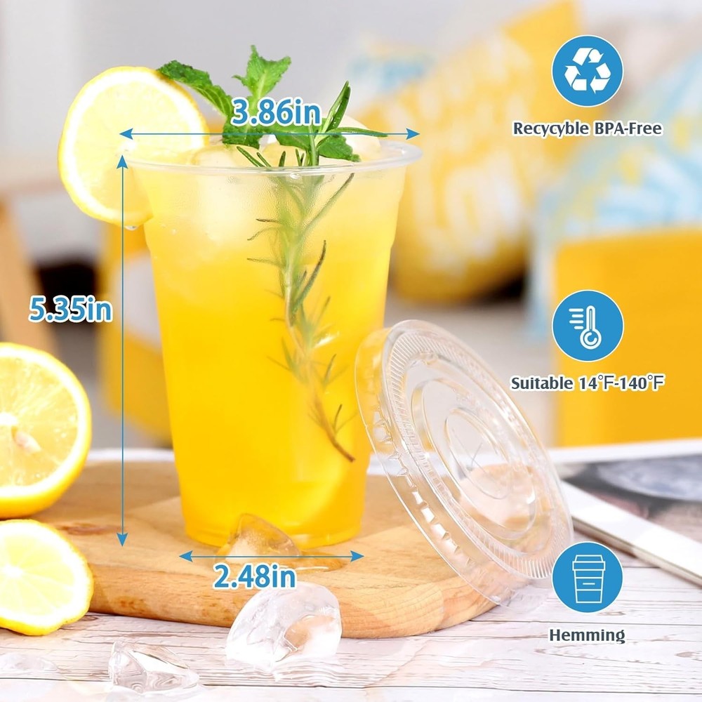 Crystal Clear 20 oz Plastic Cold Drink Cups with Flat Lids - 100 Count