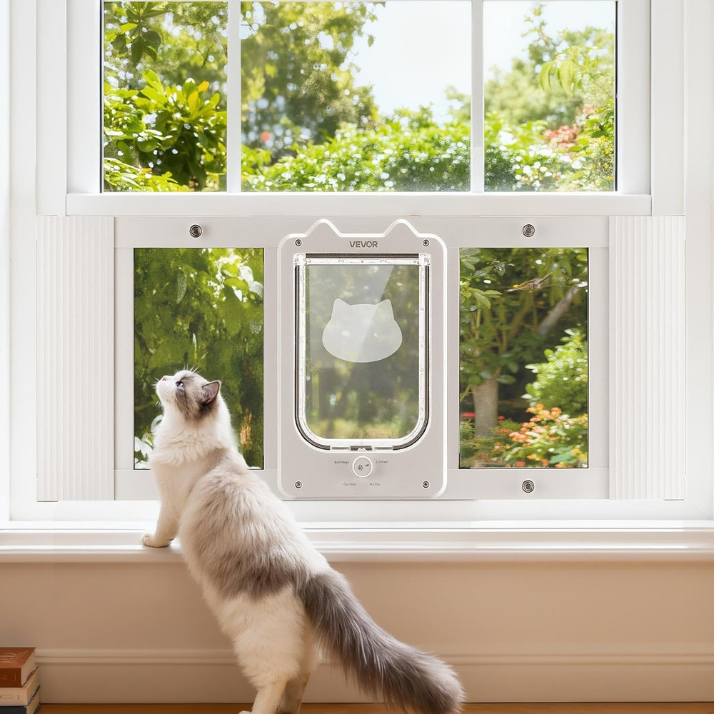 Cat Door for Window, Adjustable to Fit Window Width 31"-36", 4 Secure Lock Modes