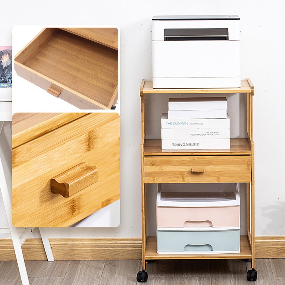 Space-Saving Printer Storage Rack Bamboo Rolling Cart Portable Printer Stand