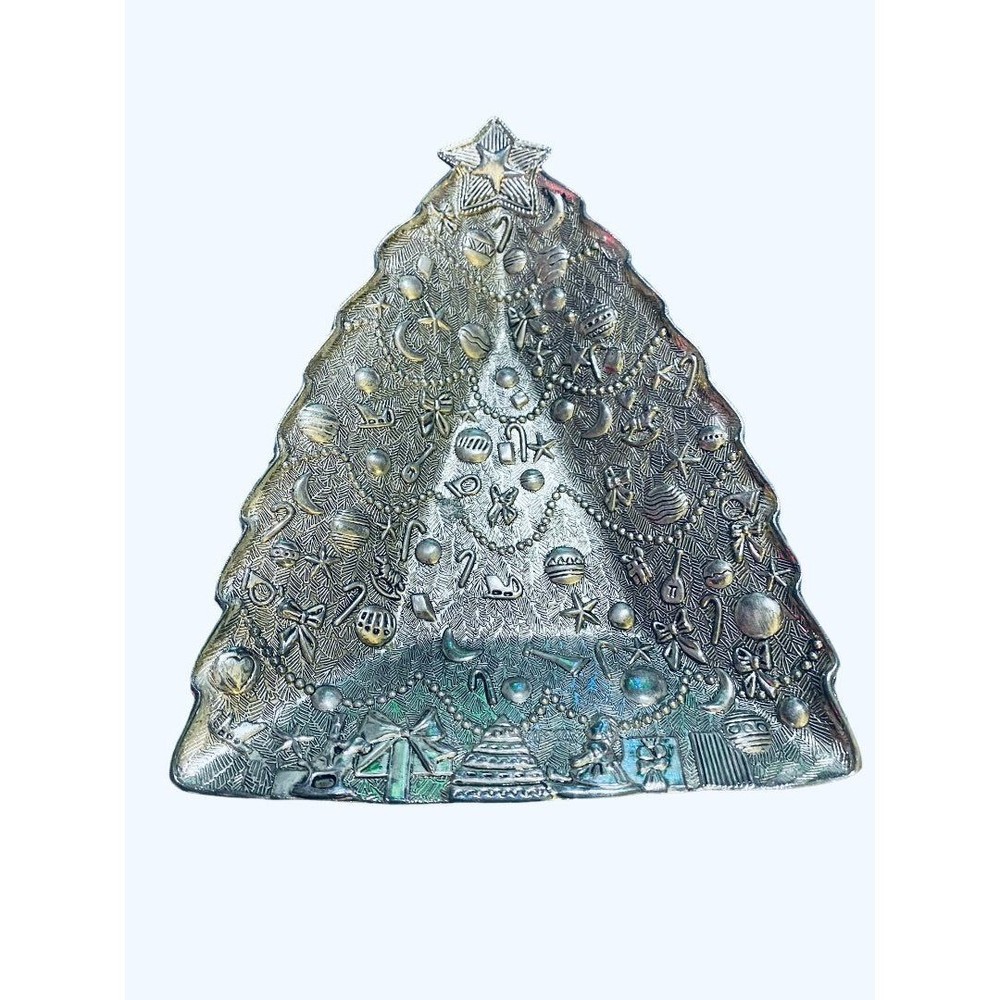 International Silver Christmas Tree Candy Dish Decor Embossed
