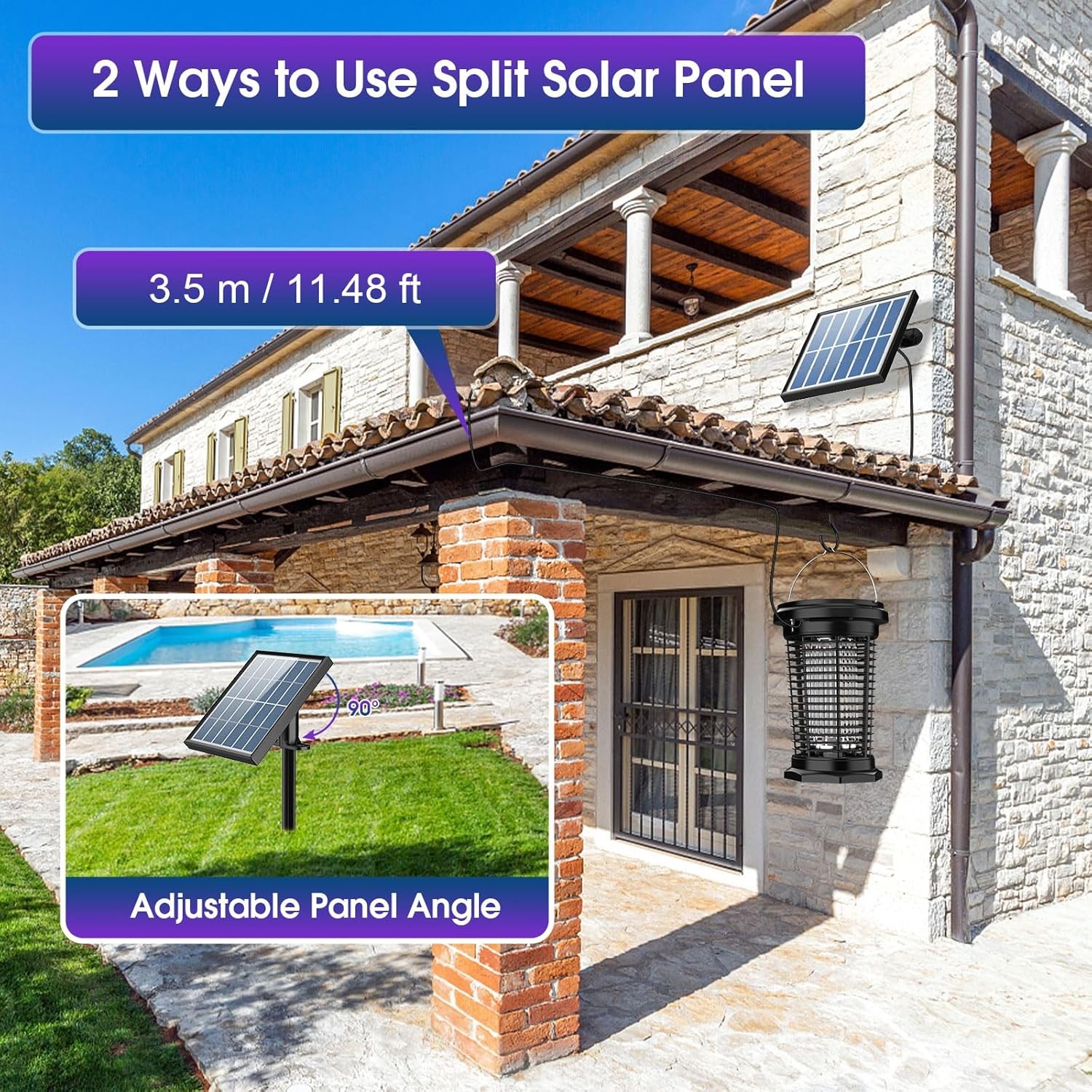 Solar Bug Zapper Outdoor Mosquito Zapper 4500V Waterproof Rechargeable Fly Zappe