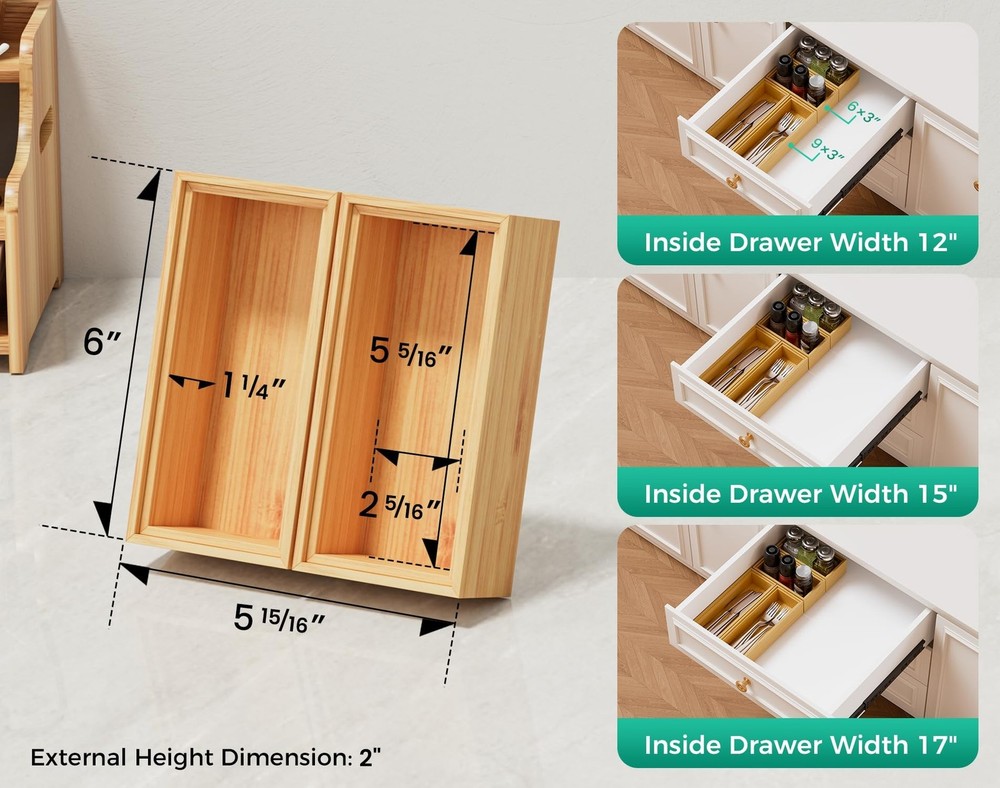 Small Bamboo Kitchen Drawer Organizer Boxes – 6" x 3" Stackable Wood Silve