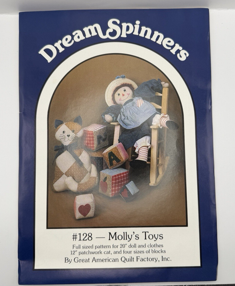 Vintage DREAM SPINNERS Pattern Molly's Toys 19” Rag Doll Patchwork Cat Blocks