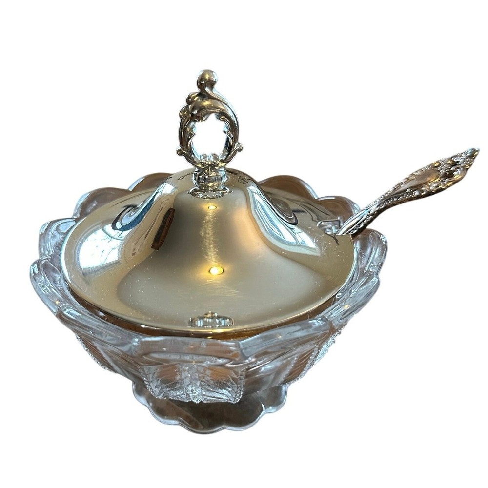 Vintage Glass Sugar Dish with Silver Plated Lid & Spoon Oriel 1881 tea time