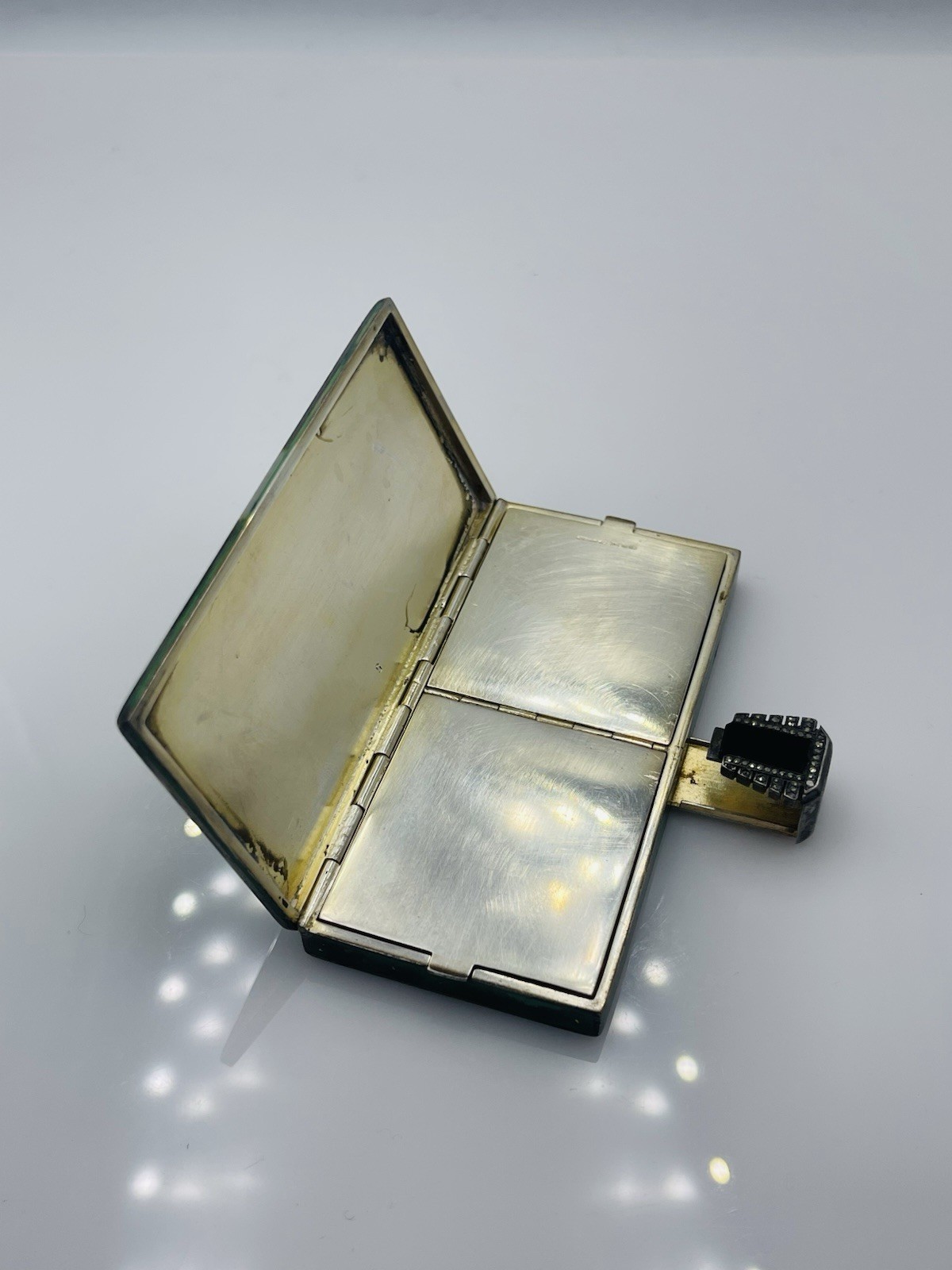 Antique Sterling Silver Green Enamel Rectangular Double Compartment Compact