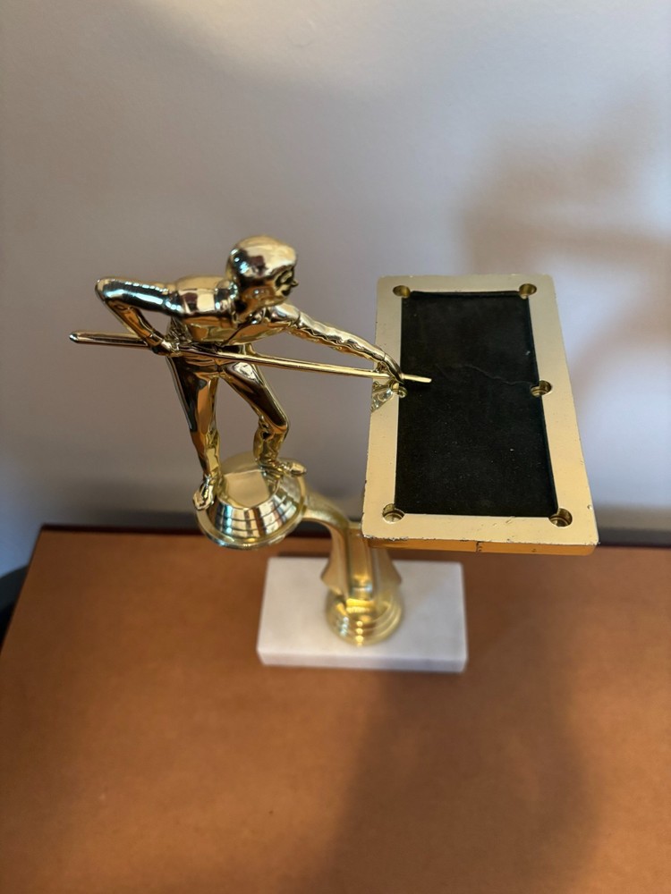 Pool Player Trophy figurine with pool table on marble plastic base