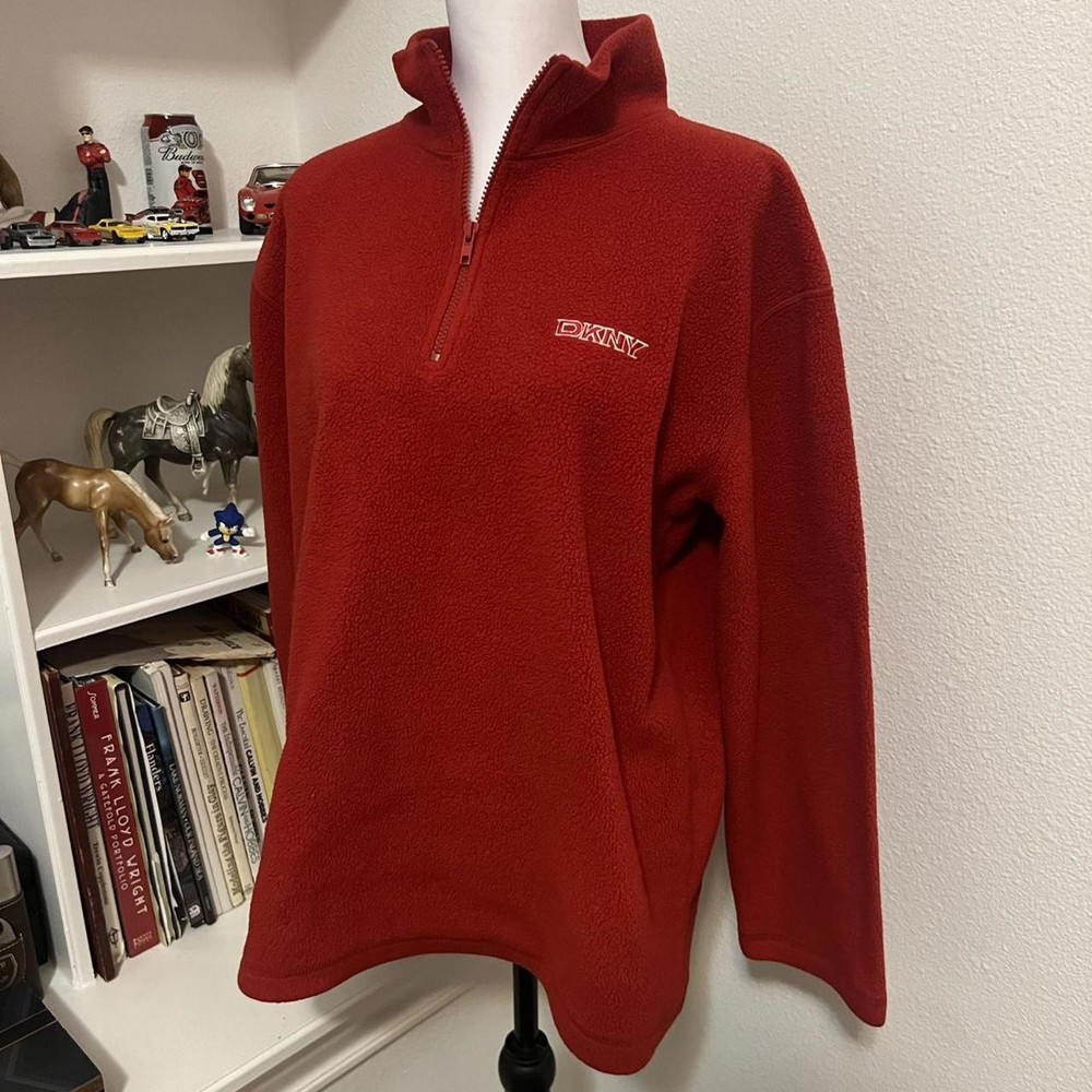 DKNY Red Fleece Quarter-Zip Pullover - Size M