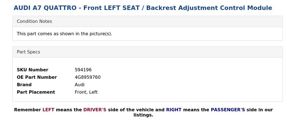 AUDI A7 QUATTRO - Front LEFT SEAT / Backrest Adjustment Control Module
