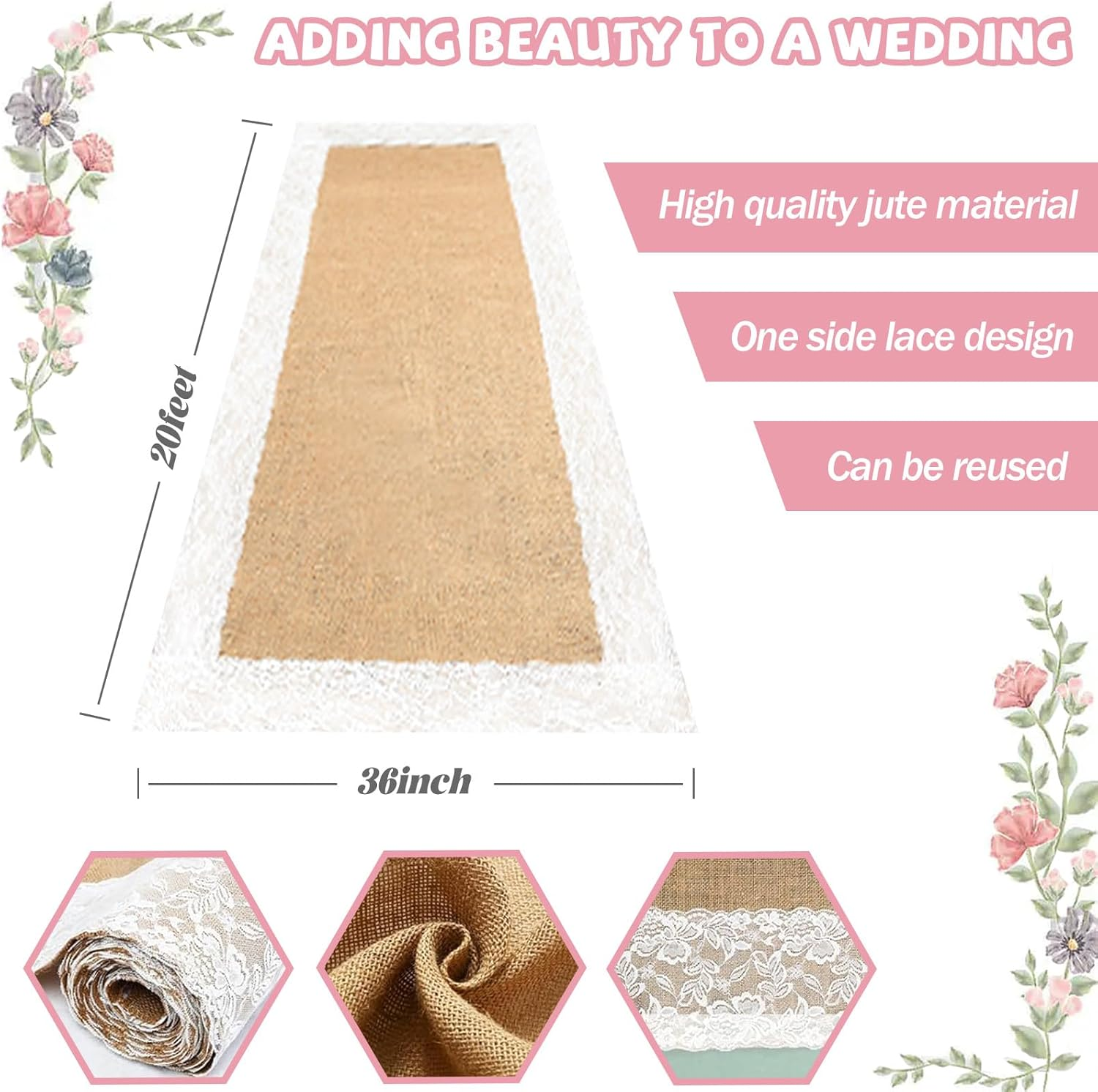 Burlap Aisle Runner for Wedding Ceremony, 36" X 20Ft Natural Burlap Wedding Aisl
