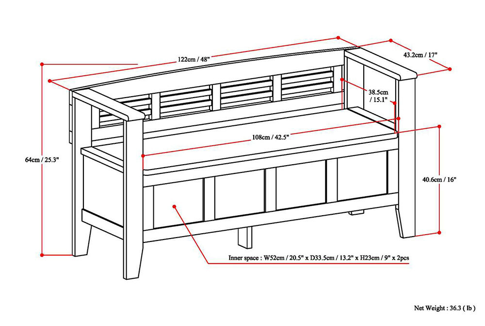 Adams Solid Wood 48 in Wide Entryway Storage Bench