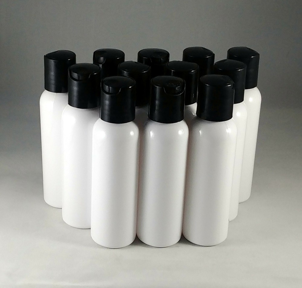 White HDPE 2 oz Cosmo Round Plastic Bottles w Pump Spray or Cap, Mult Quantities