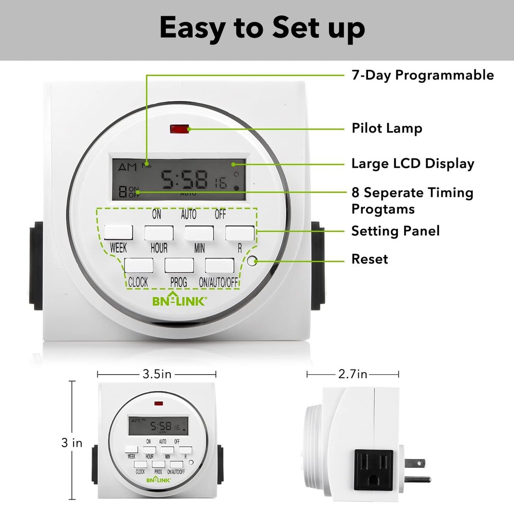 BN-LINK 7Day Heavy Duty Digital LCD Programmable Timer Dual Outlet Plug In Clock